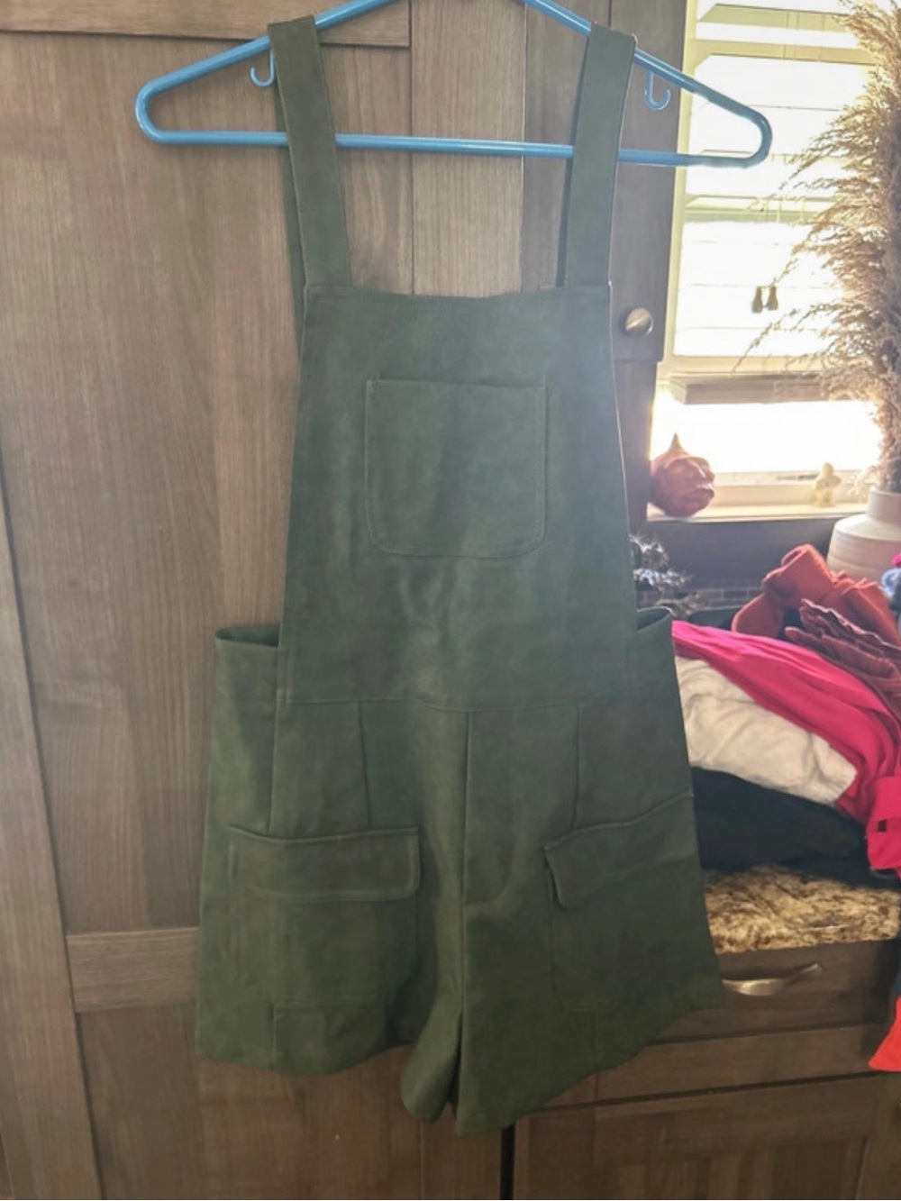 Cider Olive Green Suede Pinafore Romper with Front Patch Pockets